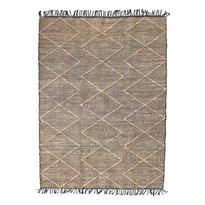 Woven Cotton & Jute Rug with Diamond Pattern & Fringe, Black & Natural Thumbnail