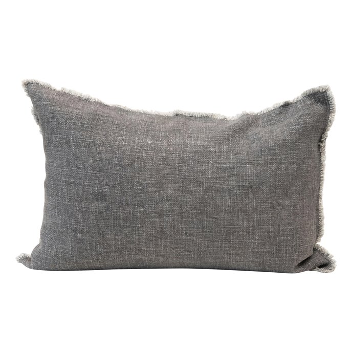Linen Blend Lumbar Pillow with Frayed Edges, Grey Thumbnail