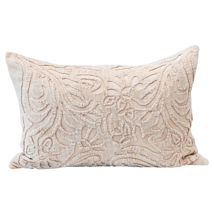 Cotton Velvet Lumbar Pillow with Cutwork, Cream Color Thumbnail