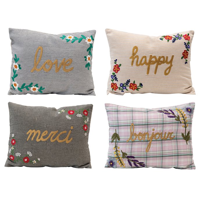 Cotton Embroidered Lumbar Pillow w/ Florals & Metallic Words, 4 Styles Thumbnail