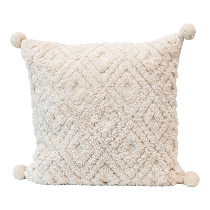 Cotton Tufted Pillow with Pom Poms, Cream Color Thumbnail