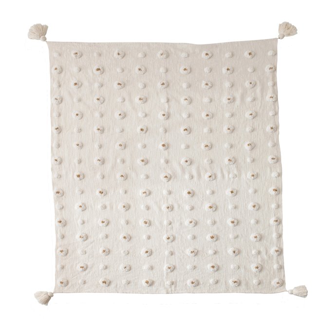 Cotton Tufted Throw with Tassels, White & Gold Color Thumbnail