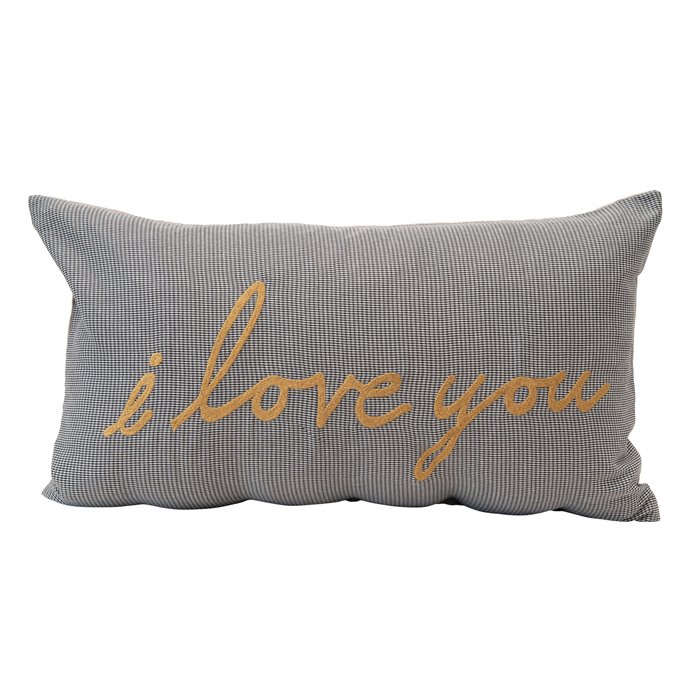 Woven Cotton Hounds tooth Lumbar Pillow with Metallic Embroidery "I Love You", Black & Cream Color Thumbnail