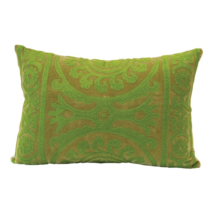 Cotton Velvet Lumbar Pillow with Embroidery, Green Thumbnail