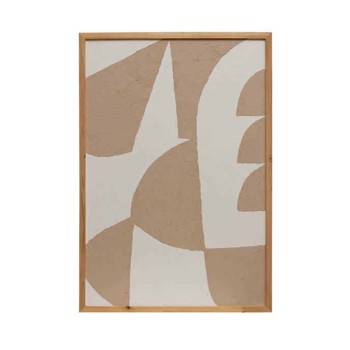 Wood Framed Handmade Paper Wall Décor with Abstract Image, Ivory Color & Beige Thumbnail
