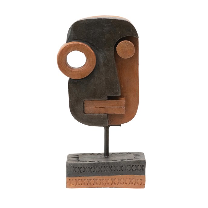 Handmade Terra-cotta Abstract Face on Stand, Black & Terra-cotta Color Thumbnail