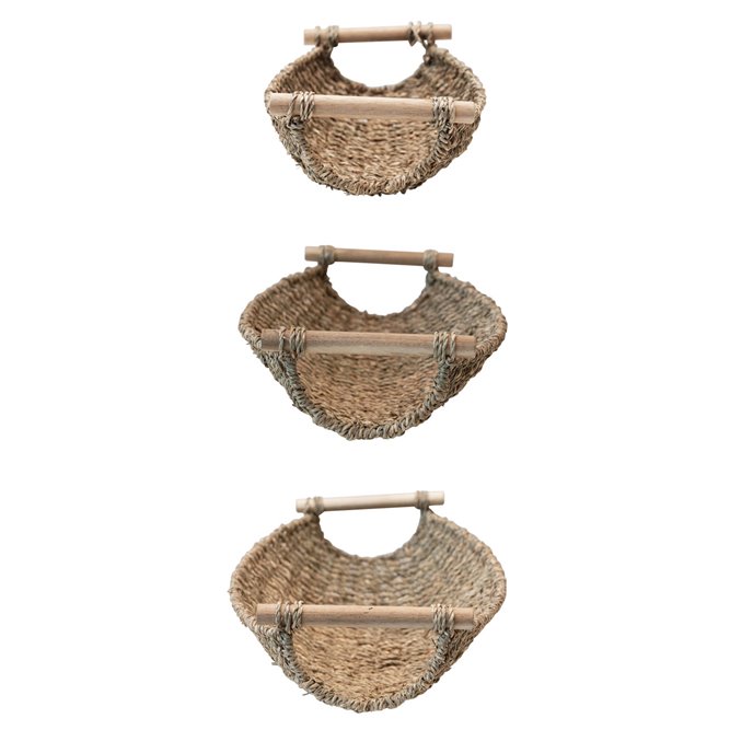 Decorative Seagrass & Metal Trays with Wood Handles, Natural, Set of 3 Thumbnail