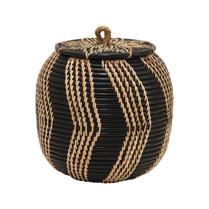 Hand-Woven Rattan Basket with Lid, Black & Natural Thumbnail