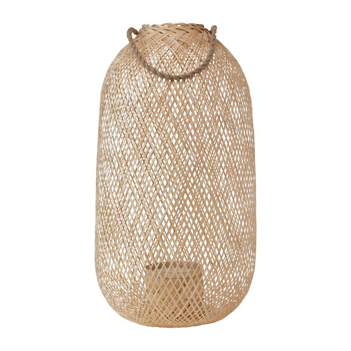 Hand-Woven Bamboo Lantern with Jute Handle & Glass Insert, Natural Thumbnail