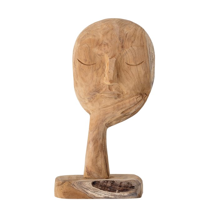 14" Hand-Carved Teak Wood Face Resting on Hand Figurine Thumbnail