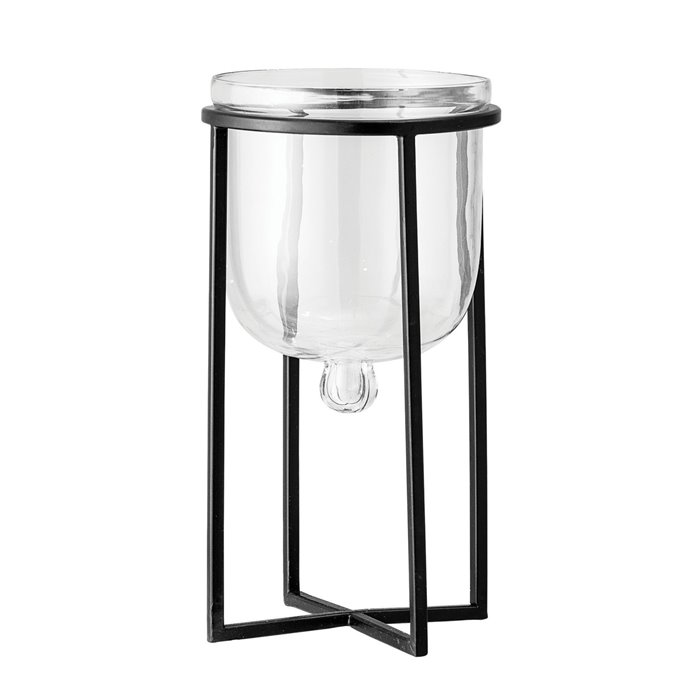 7.25"H Glass Planter/Candleholder on 11.75"H Black Metal Stand (Set of 2 Pieces) Thumbnail