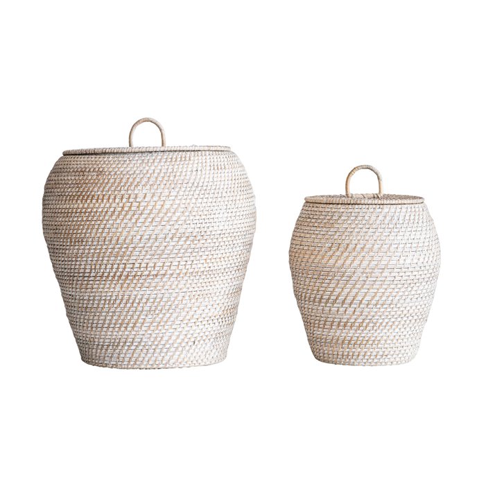 Whitewashed Rattan Baskets with Lids (Set of 2 Sizes) Thumbnail