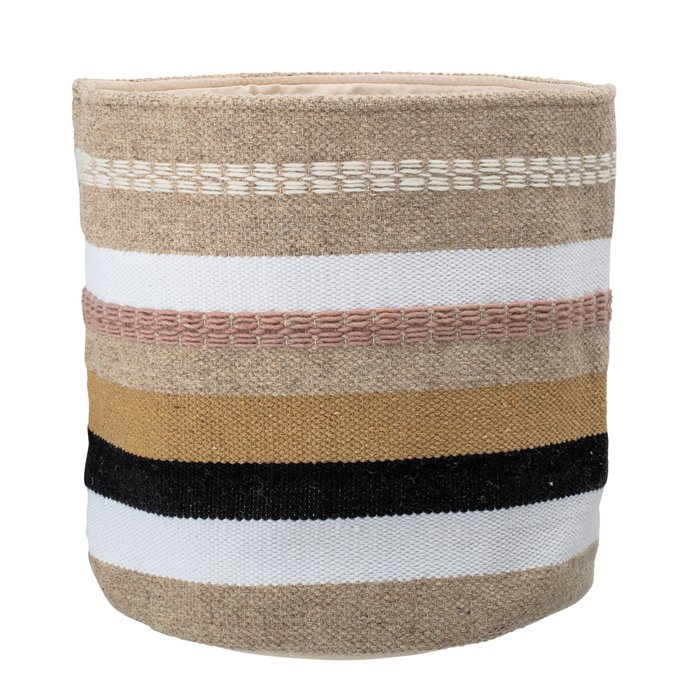 Wool & Cotton Fabric Basket with Grey, Brown & Pink Stripes Thumbnail