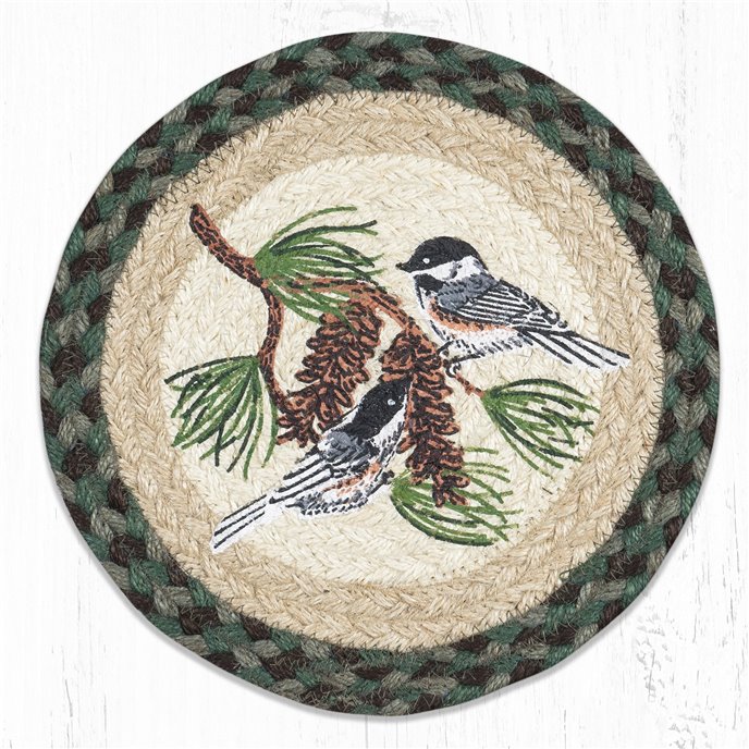 Chickadee Pinecone Printed Round Braided Trivet 10"x10" Thumbnail