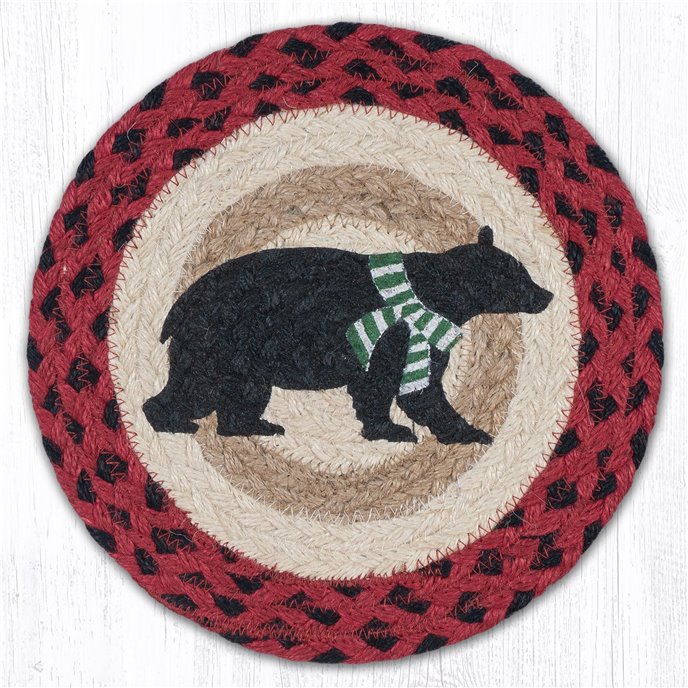 Bear Green Stripe Scarf Printed Round Braided Trivet 10"x10" Thumbnail