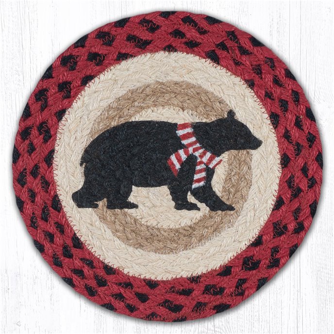 Bear Red Stripe Scarf Printed Round Braided Trivet 10"x10" Thumbnail