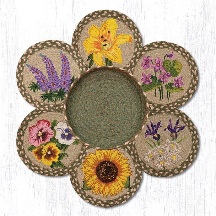 Flowers Braided Trivets in a Basket 10"x10", Set of 6 Thumbnail