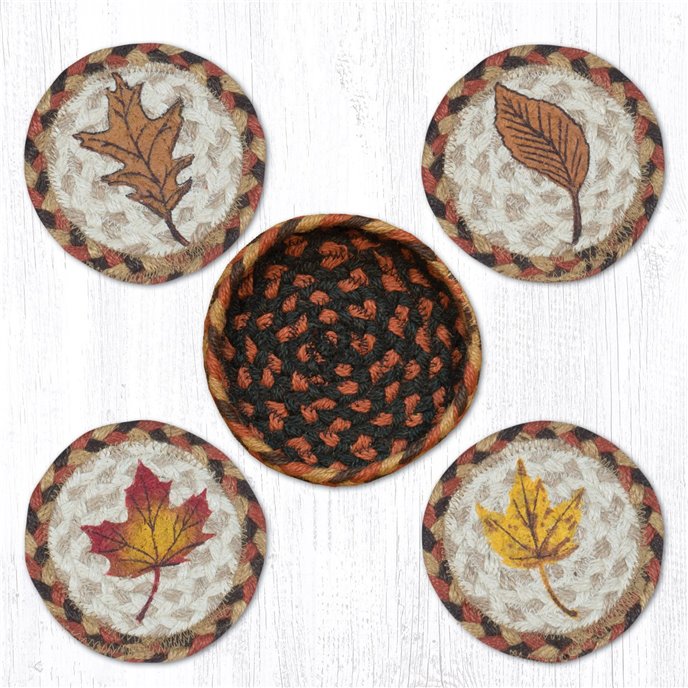Fall Harvest Leaf Braided Coasters in a Basket 5"x5" Set of 4 Thumbnail