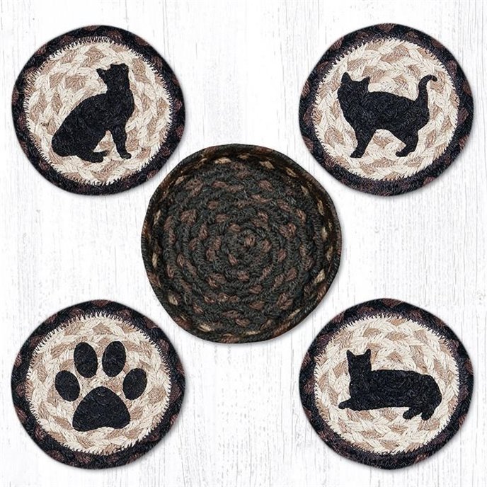 Porch Cat Braided Coasters in a Basket 5"x5" Set of 4 Thumbnail
