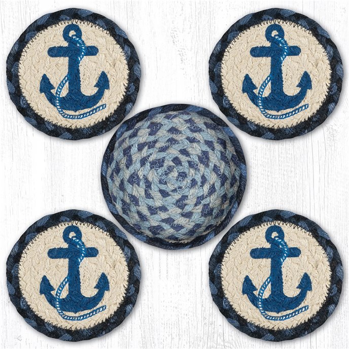 Navy Anchor Braided Coasters in a Basket 5"x5" Set of 4 Thumbnail