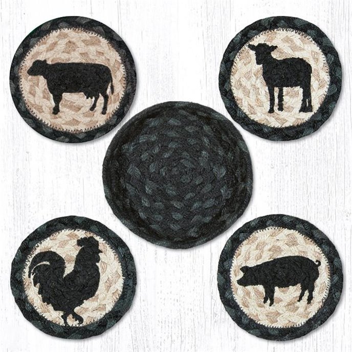 Barnyard Animals Braided Coasters in a Basket 5"x5" (Set of 4) Thumbnail