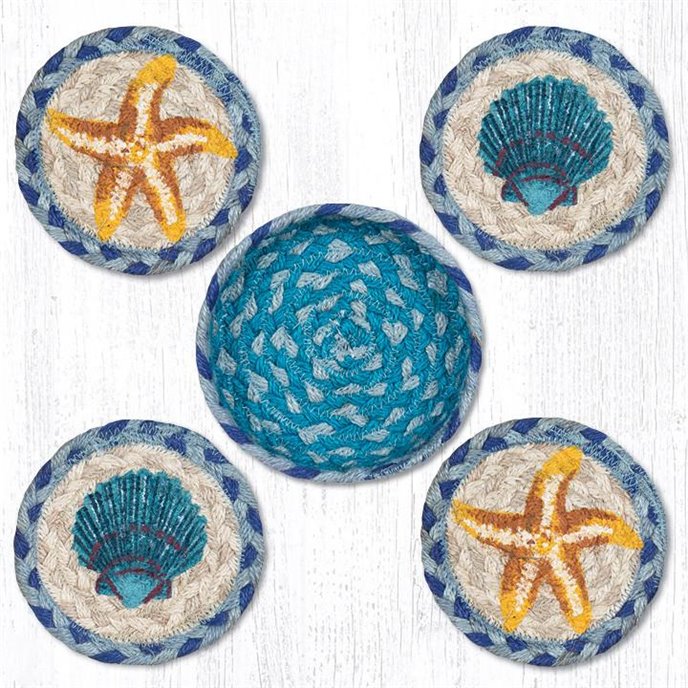 Starfish Scallop Braided Coasters in a Basket 5"x5" Set of 4 Thumbnail