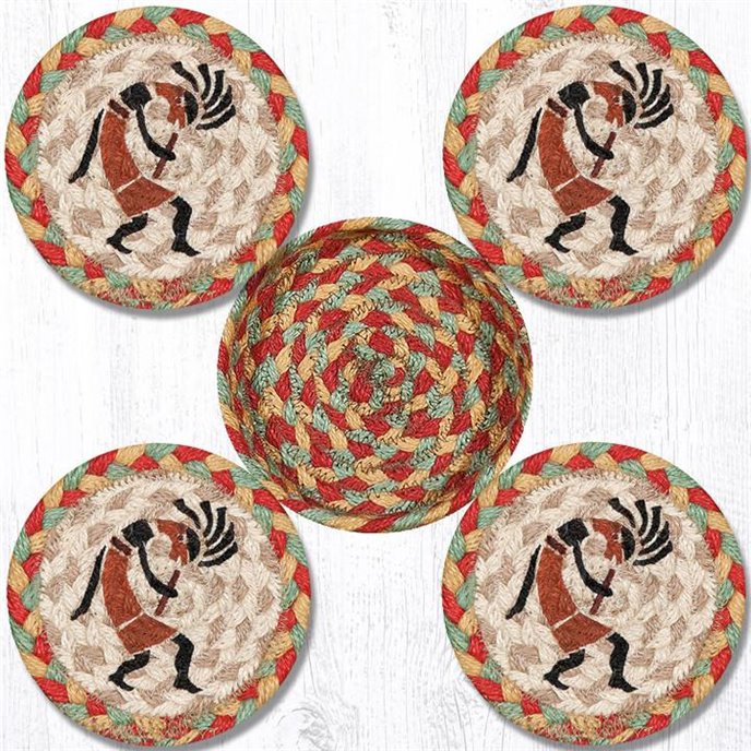 Kokopelli Braided Coasters in a Basket 5"x5" Set of 4 Thumbnail
