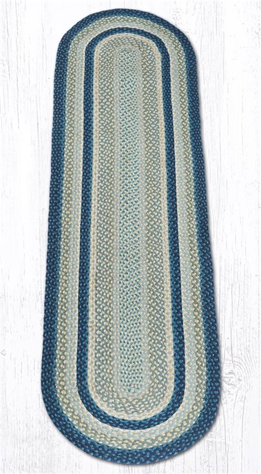 Breezy Blue/Taupe/Ivory Oval Braided Rug 2'x8' Thumbnail