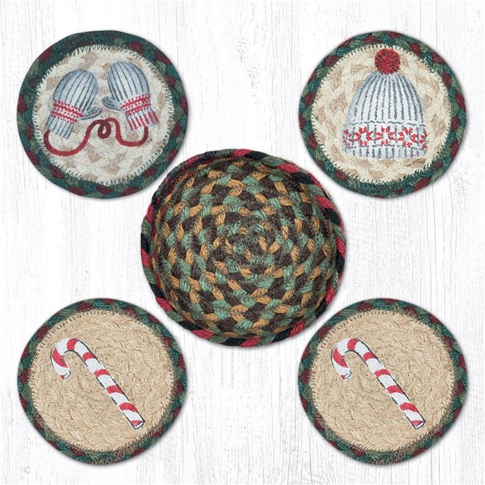 Winter Braided Coasters in a Basket 5"x5" Set of 4 Thumbnail