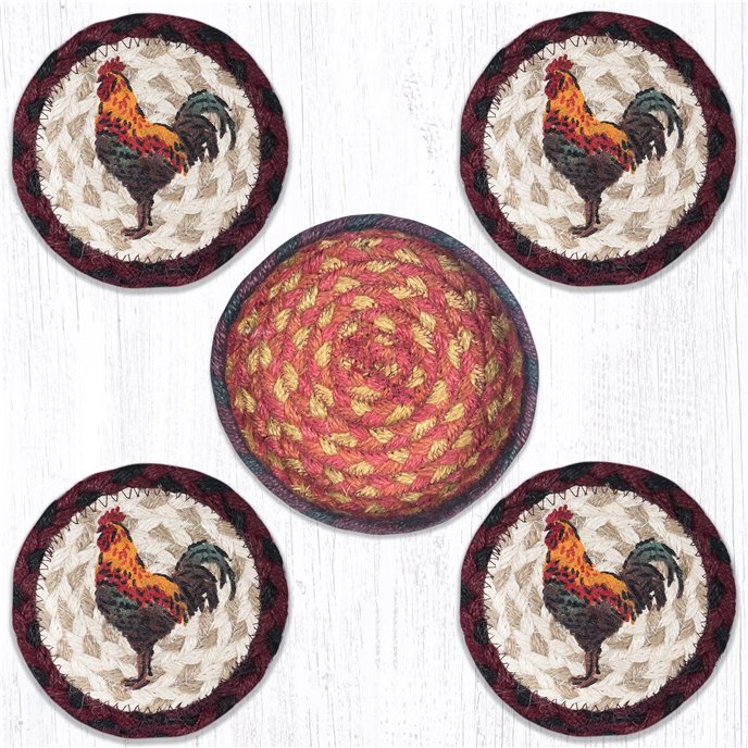 Rustic Rooster Braided Coasters in a Basket 5"x5" Set of 4 Thumbnail