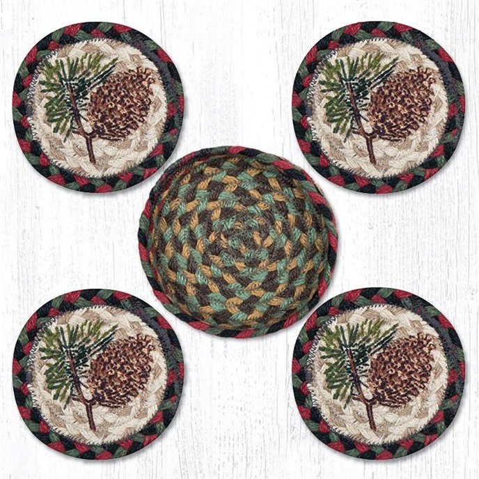 Pinecone Braided Coasters in a Basket 5"x5" Set of 4 Thumbnail