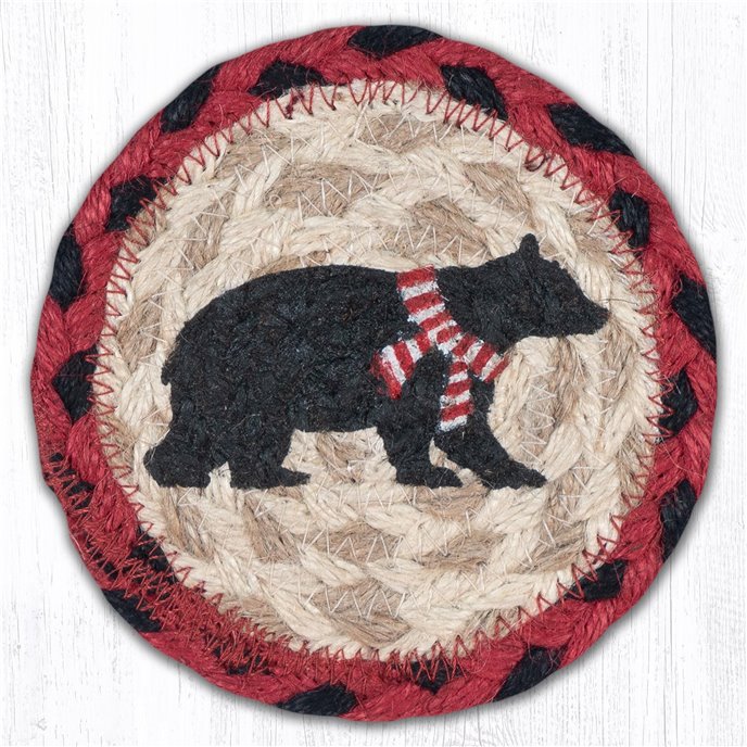 Bear Red Stripe Scarf Printed Braided Coaster 5"x5" Set of 4 Thumbnail