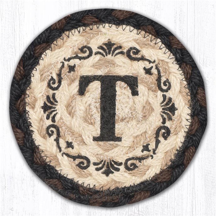 T Monogram Printed Braided Coaster 5"x5" Set of 4 Thumbnail