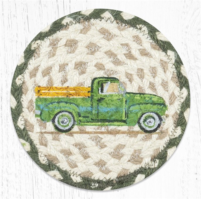 Vintage Green Truck Round Large Braided Coaster 7"x7" Set of 4 Thumbnail