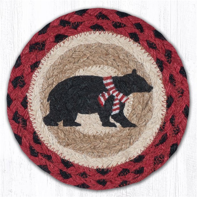 Bear Red Stripe Scarf Round Large Braided Coaster 7"x7" Set of 4 Thumbnail