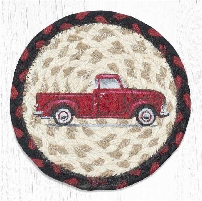 Vintage Red Truck Round Large Braided Coaster 7"x7" Set of 4 Thumbnail