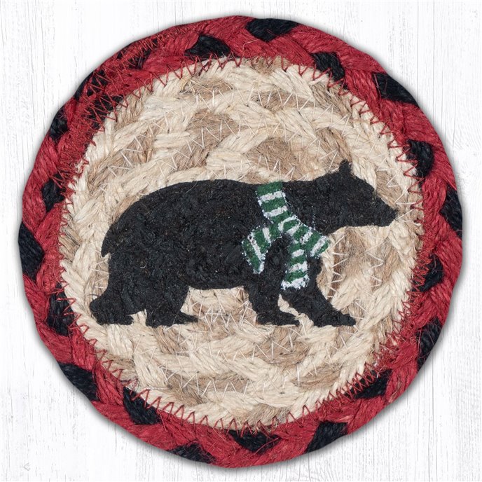 Bear Green Stripe Scarf Printed Braided Coaster 5"x5" Set of 4 Thumbnail