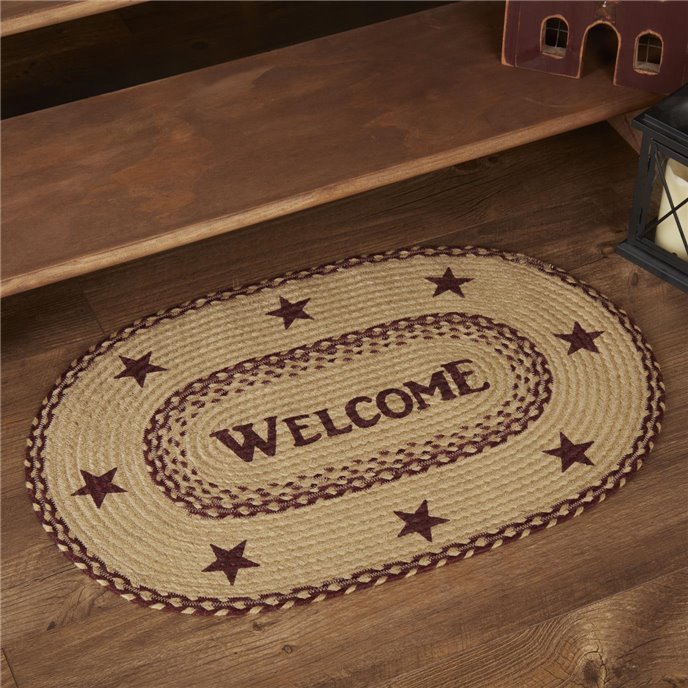 Burgundy Tan Jute Rug Oval Welcome 20x30 Thumbnail