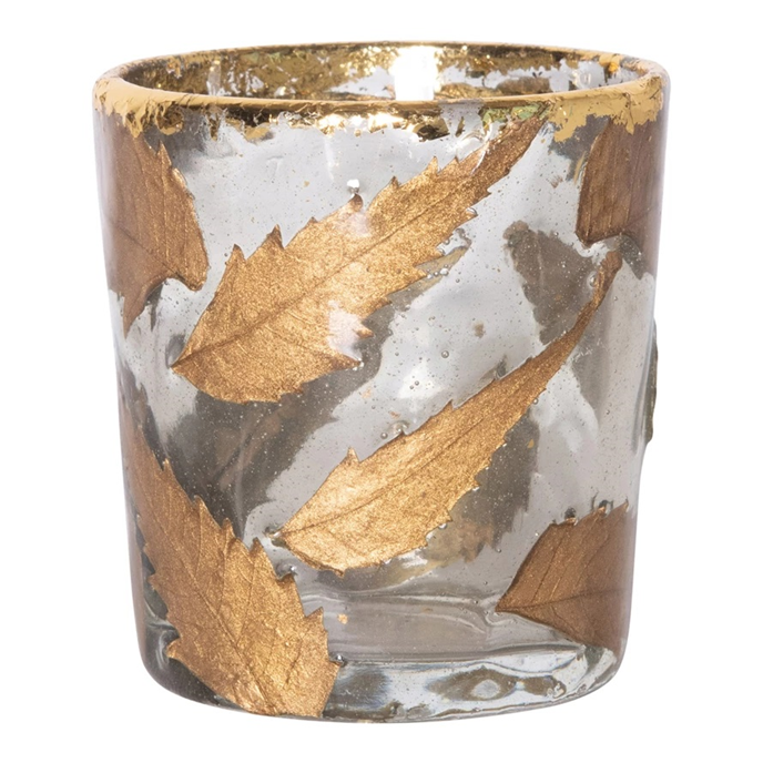Glass Tealight Holder with Gold Leaves Thumbnail
