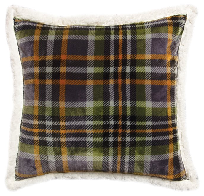 Orange Sage Striped Plaid Sherpa Throw Pillow (Insert Included) 18" x 18" Thumbnail