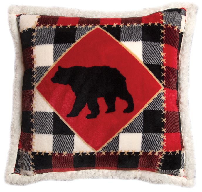 Lumberjack Bear Red Plaid Sherpa Throw Pillow (Insert Included) 18" x 18" Thumbnail