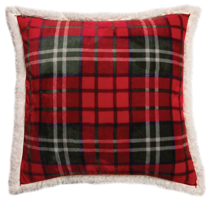 Holiday Red Plaid Sherpa Throw Pillow (Insert Included) 18" x 18" Thumbnail