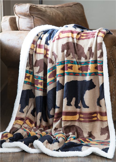 Carstens Bear Family Rustic Cabin Sherpa Fleece Throw Blanket Thumbnail