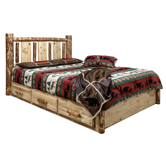 Glacier Full Platform Bed w/ Storage & Laser Engraved Wolf Design Thumbnail