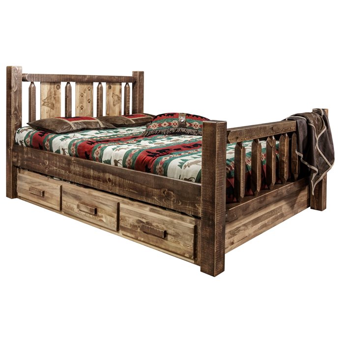 Homestead Full Storage Bed w/ Laser Engraved Wolf Design - Stain & Clear Lacquer Finish Thumbnail