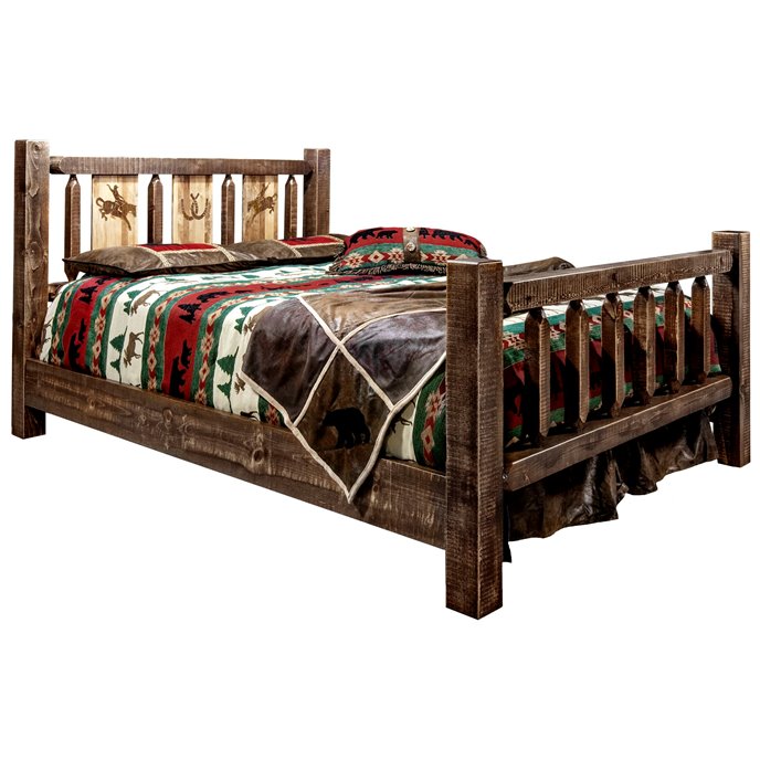 Homestead King Bed w/ Laser Engraved Bronc Design - Stain & Clear Lacquer Finish Thumbnail