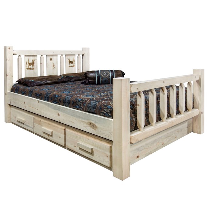 Homestead King Storage Bed w/ Laser Engraved Elk Design - Clear Lacquer Finish Thumbnail