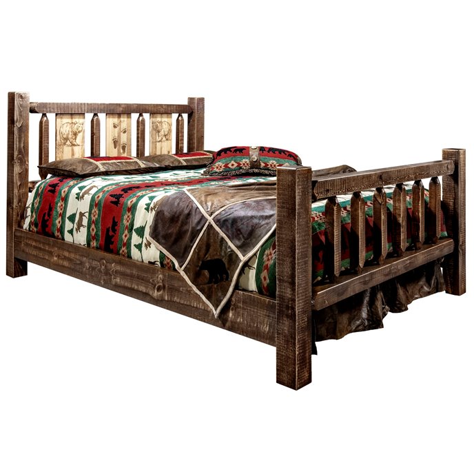 Homestead Queen Bed w/ Laser Engraved Bear Design - Stain & Clear Lacquer Finish Thumbnail