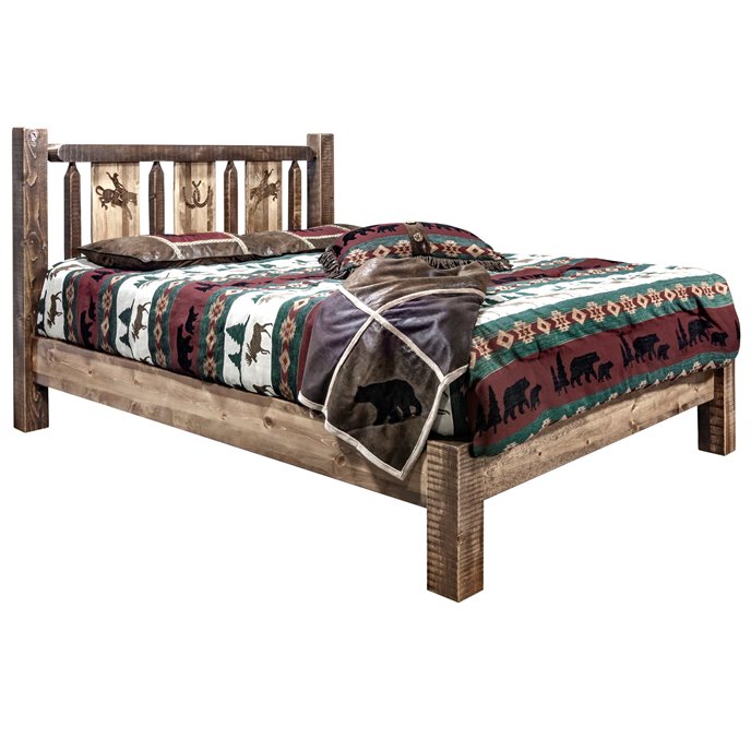 Homestead King Platform Bed w/ Laser Engraved Bronc Design - Stain & Clear Lacquer Finish Thumbnail