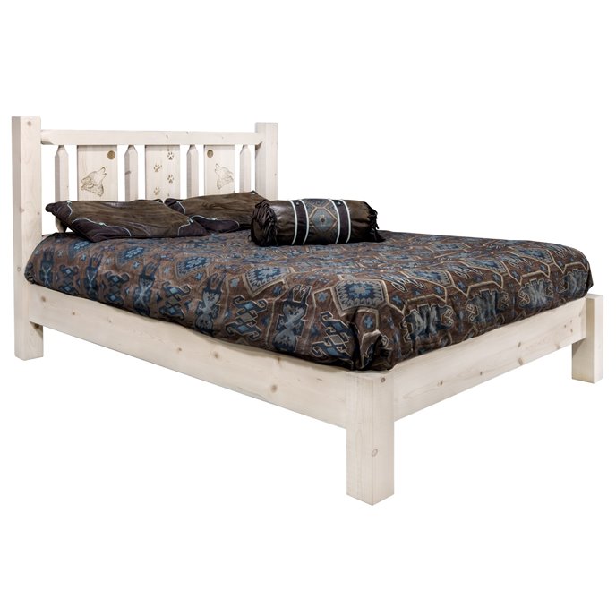 Homestead King Platform Bed w/ Laser Engraved Wolf Design - Clear Lacquer Finish Thumbnail